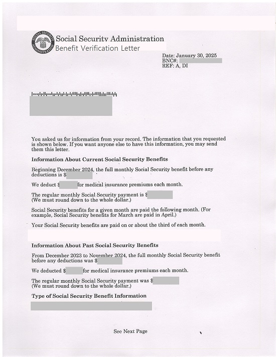 Social Security Administration benefit letter